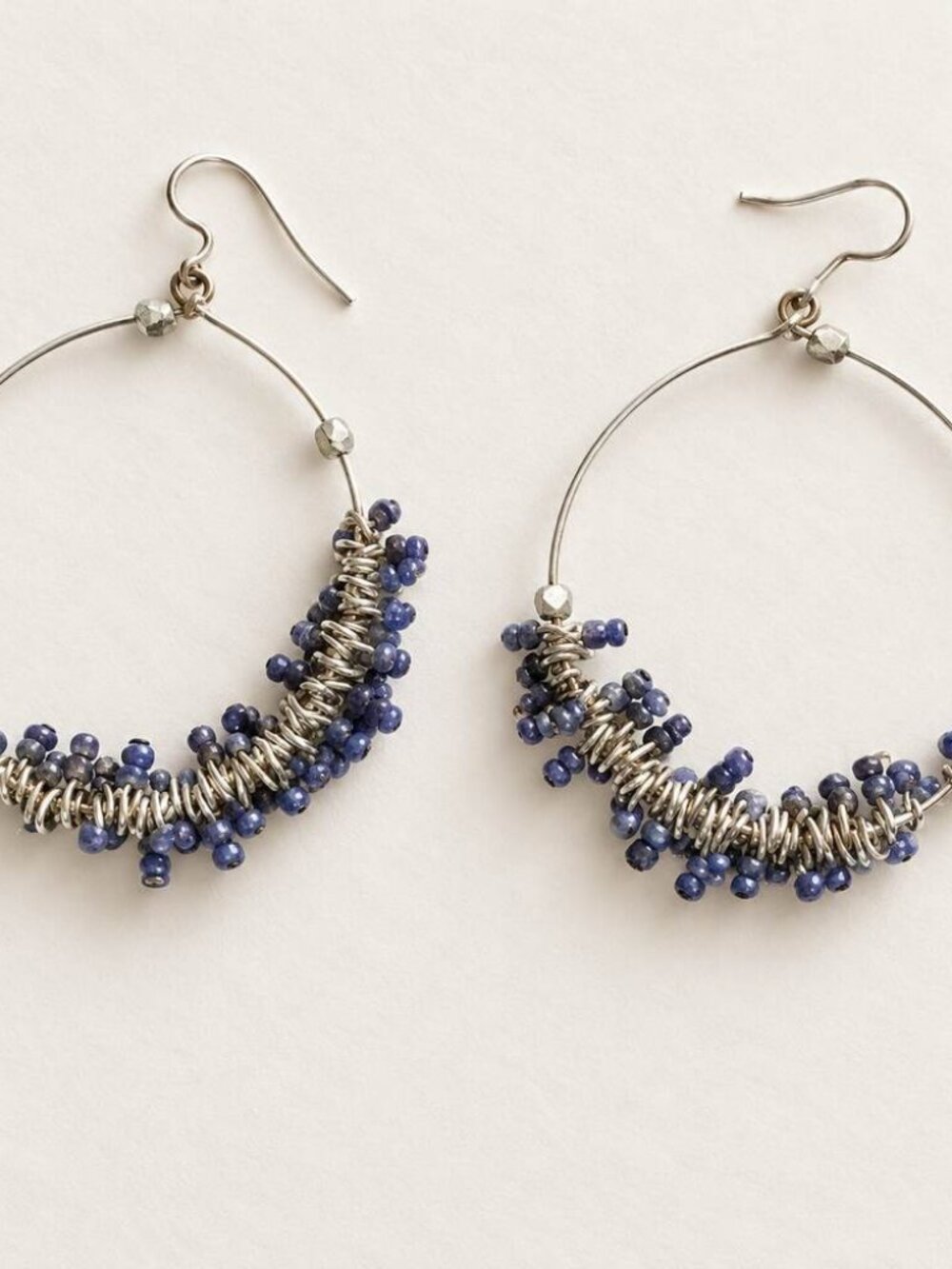 Boho Silver Tone Blue Chip Bead Hoop Earrings Statement